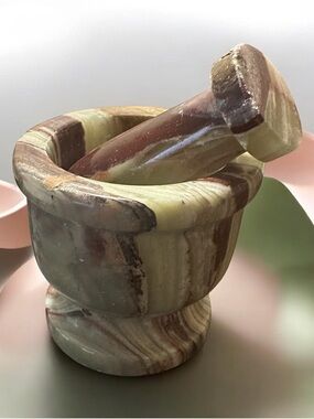Hand-Carved Green and Brown Banded Onyx Mortar & Pestle